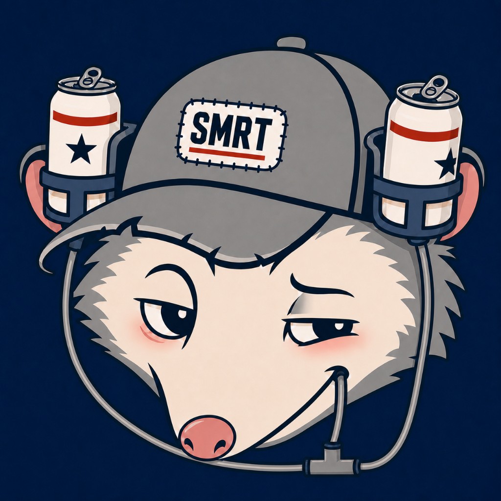 Cartoon opossum in a drinking helmet labeled SMRT, the Bubba mascot