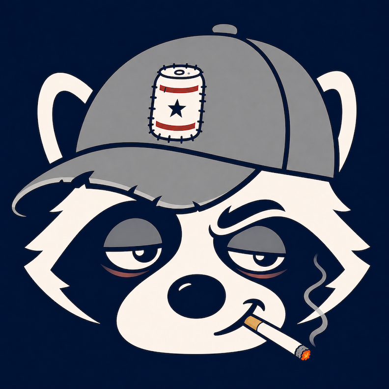 Cartoon raccoon in a worn cap with a cigarette, the Cleetus mascot